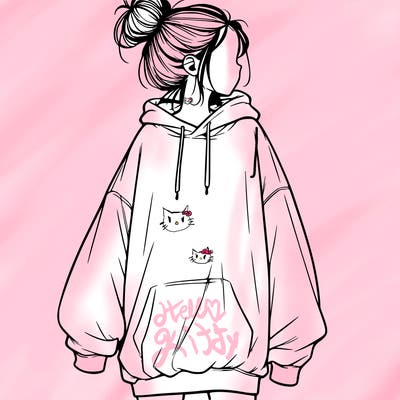 realistic girl with a oversized sweatshirt on and a bun
