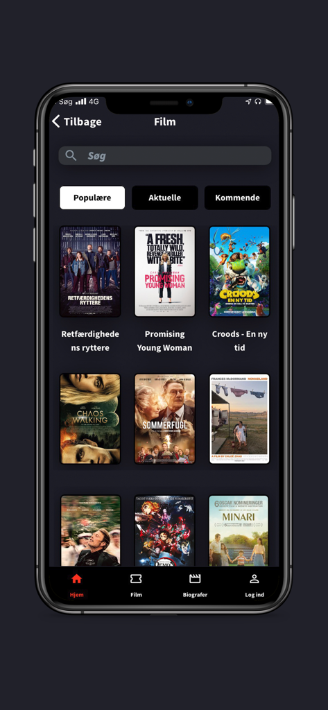 Interfaz de la aplicación móvil kino.dk que muestra una cuadrícula de pósteres de películas populares y opciones de búsqueda.