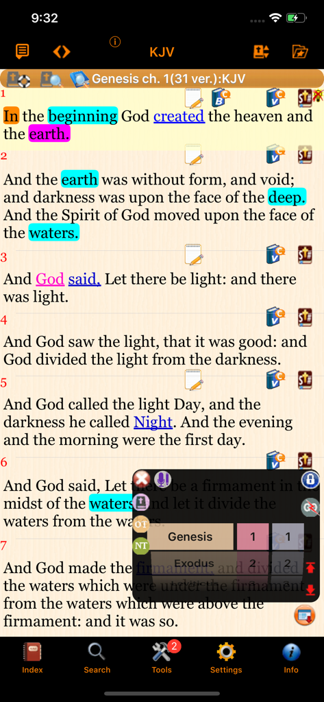 Handy Bible Pro - Handy Bible Pro mobile app interface showing King James Version text with highlights and a navigation overlay