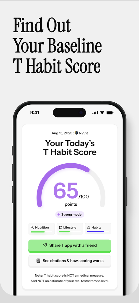 90 Day Life Reset Challenge: T - Smartphone screen showing a T Habit Score of 65 points on a progress dial within the 90 Day Life Reset Challenge app.