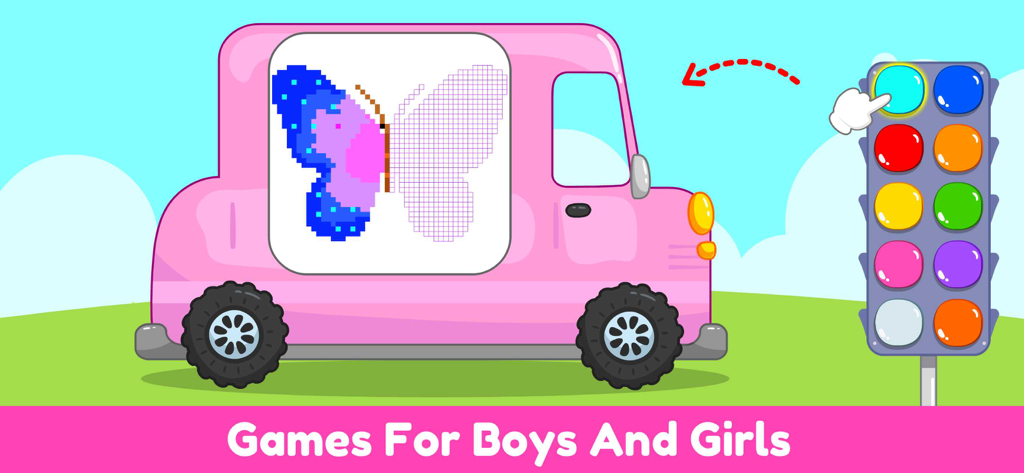 Un camión de juguete rosa con un juego de colorear pixel art de mariposas para niños