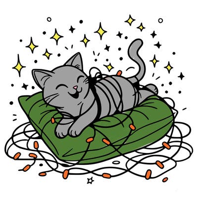 a cat happily tangled in glowing lights, lounging on a big cushion, clean lines, simple design, uncomplicated, tatoo desing