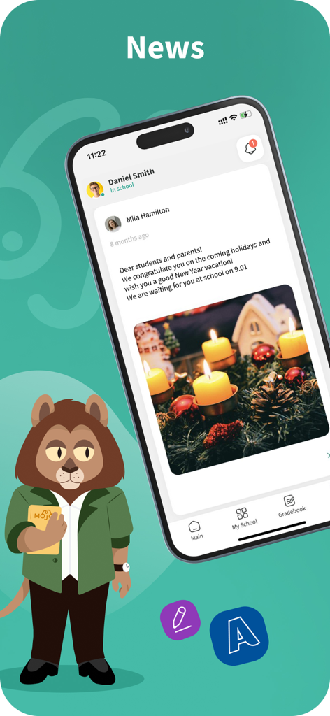 Mojo Education - Mojo Education app interface showing a school news announcement with a holiday message