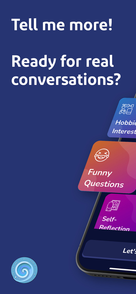 Tell me more!! - Tell me more app interface showing conversation starter categories like funny questions and self reflection