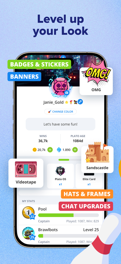 Una pantalla de perfil en la aplicación Plato titulada Sube de nivel tu estilo que presenta varias pegatinas, insignias y estadísticas de juego