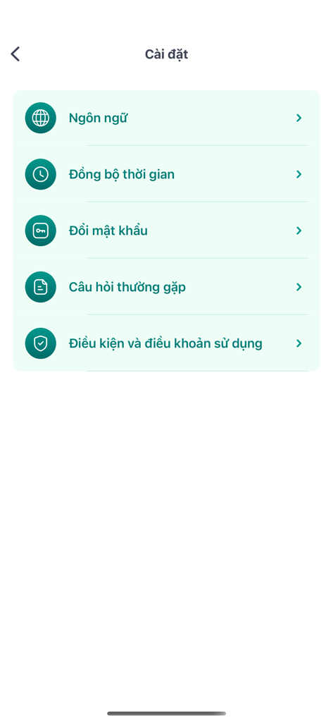 BIDV Smart OTP - A screenshot of the settings menu in the BIDV Smart OTP mobile application featuring options for language, time sync, and security.