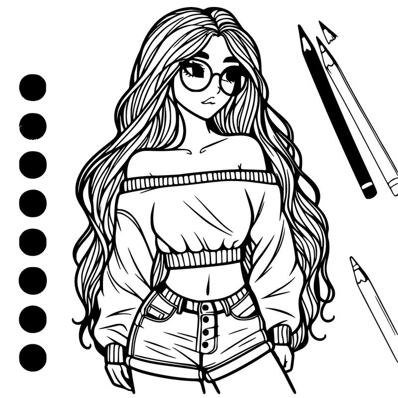 tall woman with long hair, glasses, off the sholder cropped sweat shirt with shirt underneath and shorts