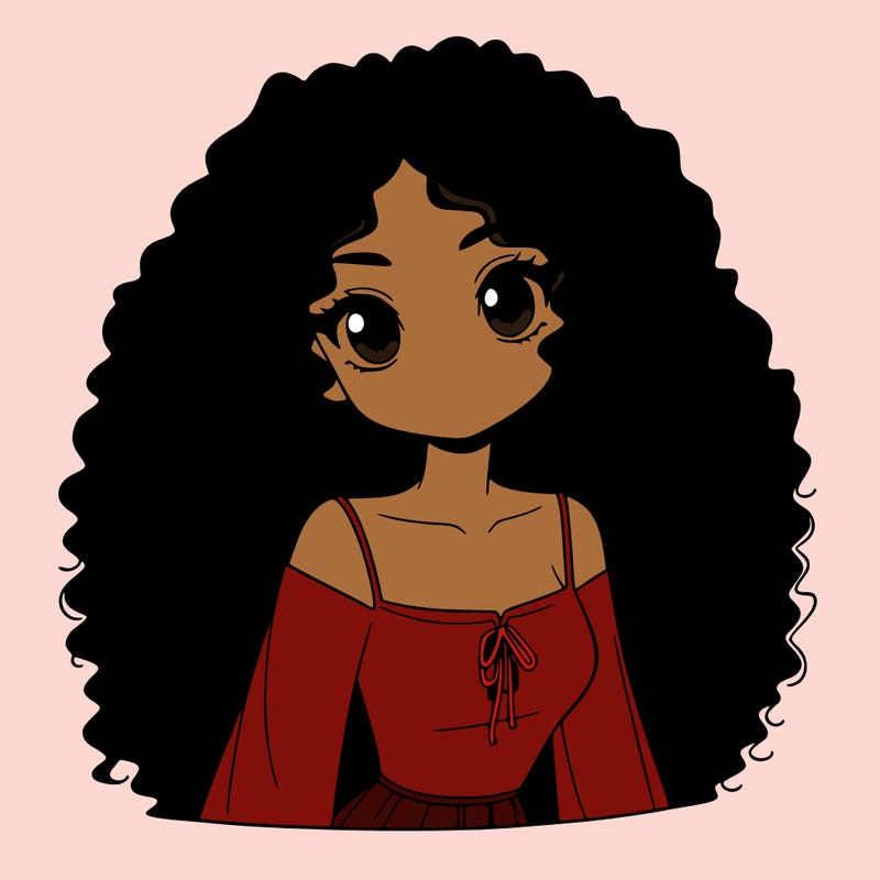 a black anime girl with long afro hair