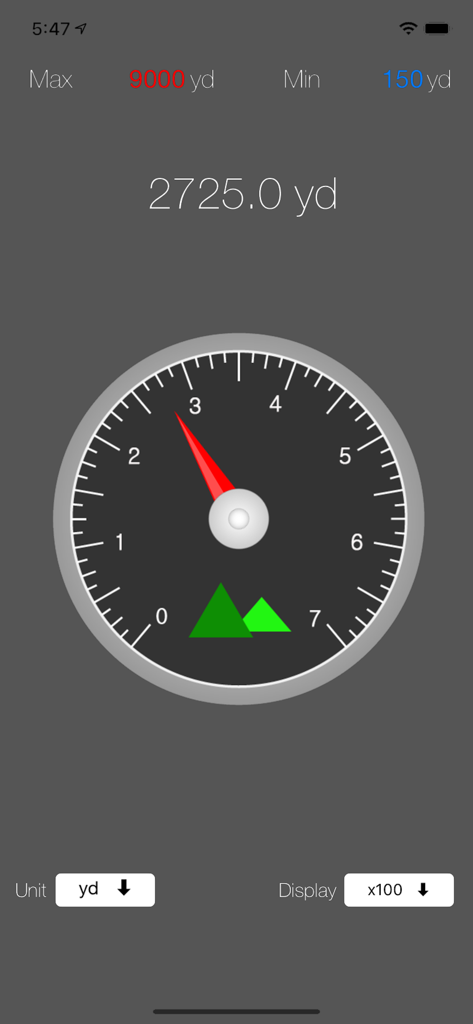 Altimeter - i - Altimeter - i app screen showing altitude in yards with an analog gauge and min/max stats.