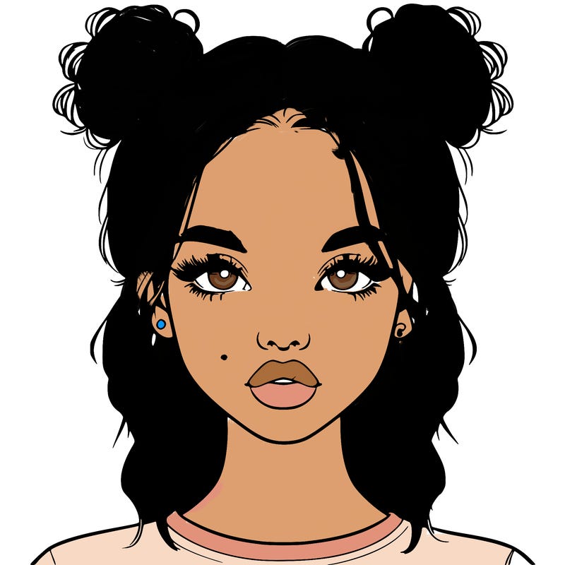 realistic girl with two buns in hair and lips