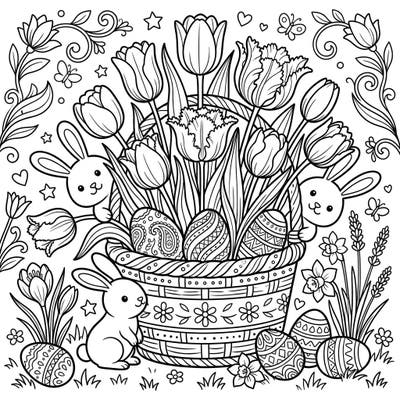 Dive into the spirit of spring with this enchanting Easter coloring page, bursting with graceful tulips and playful bunnies. It's a perfect activity to celebrate the season of renewal and joy.