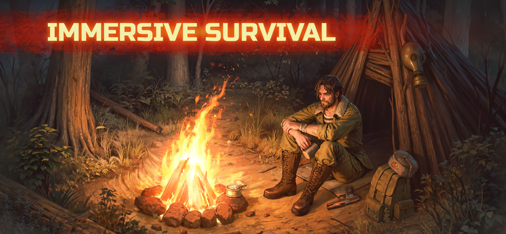 Day R Premium: Survival RPG - A survivor sitting by a campfire next to a wooden shelter in a post-apocalyptic forest environment