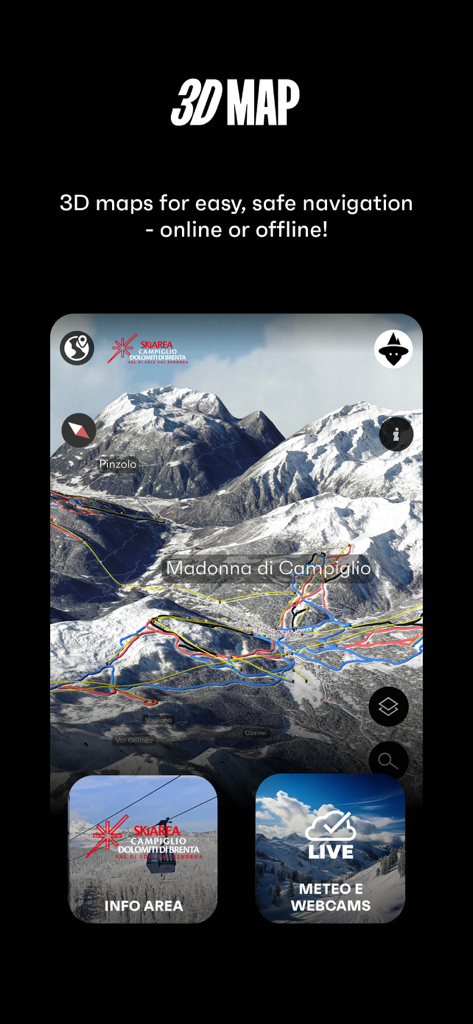MowiSnow - Interfaz de mapa 3D sin conexión de la aplicación MowiSnow que muestra pistas de esquí y picos de montañas en Madonna di Campiglio