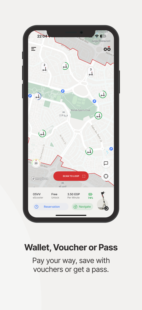 A mobile app screen showing a map with available electric scooters and a scan to unlock button.