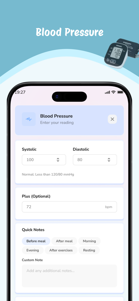 Blood Sugar Monitor & BP Track - Interfaz de la aplicación móvil para registrar lecturas de presión arterial y frecuencia cardíaca con notas personalizables.