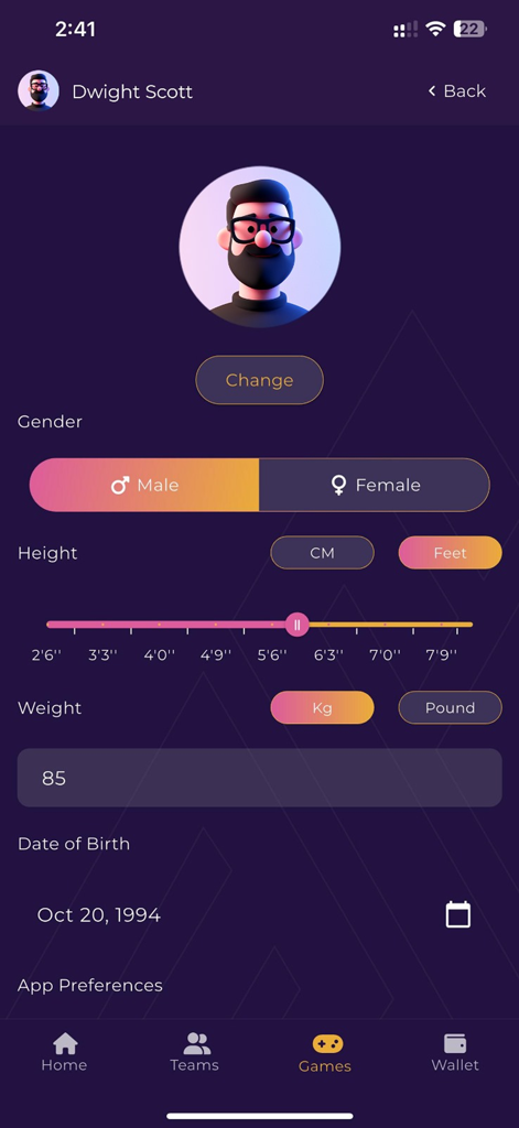 Emorya - Emorya app user profile screen featuring fields for gender height weight and date of birth with a 3D character avatar