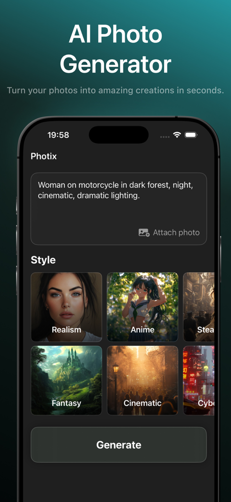 Image Generator - Photix - Photix app interface showing a text prompt input and various art styles like anime realism and fantasy for AI image generation.