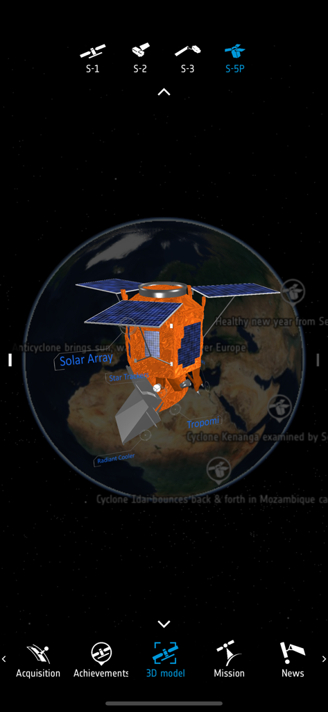 Copernicus Sentinel - Interactive 3D model of the Sentinel-5P satellite with labeled components over a globe