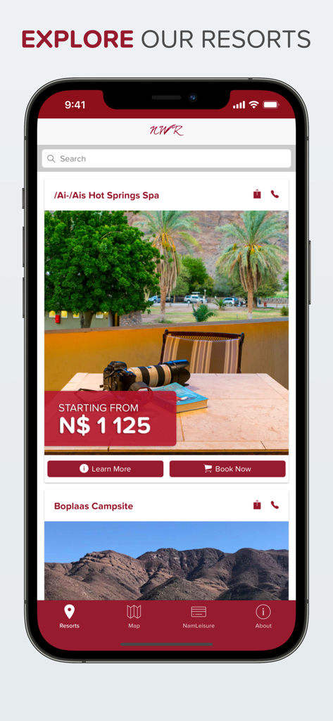 NWR – Namibia Wildlife Resorts - NWR mobile app showing resort listings for Ai-Ais Hot Springs Spa and Boplaas Campsite with booking options