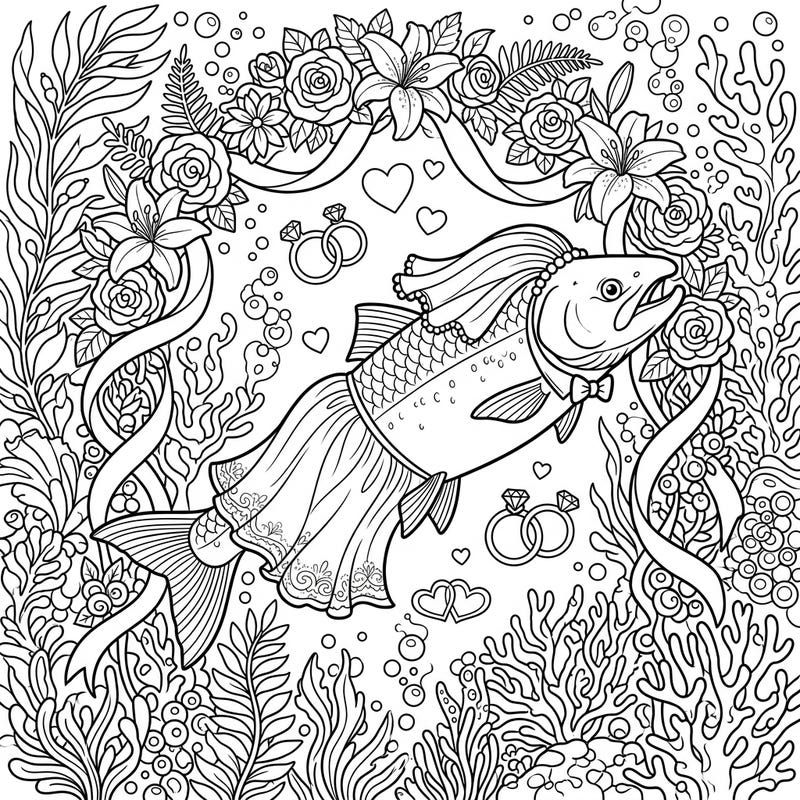 Embark on an enchanting underwater journey with this unique Salmon Wedding coloring page, perfect for adults and teens. Discover a romantic scene where a dapper salmon celebrates its special day amidst vibrant aquatic life and wedding finery.