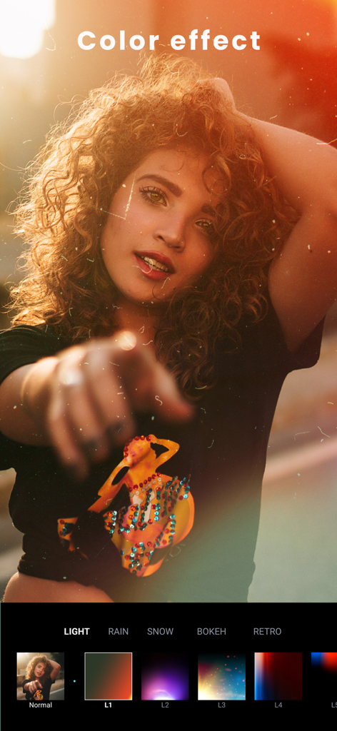 PicPro - AI Photo Editor - User interface of PicPro photo editor applying a warm color light effect to a portrait