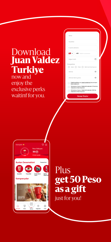 Juan Valdez Türkiye - Pantallas promocionales de la aplicación móvil Juan Valdez Turkiye que muestran el formulario de registro y el panel de recompensas de fidelidad