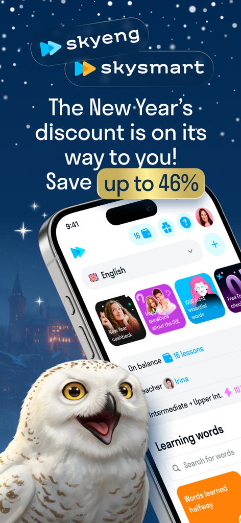 Skyeng: Learn English - Skyeng app promotional screen featuring a 46 percent New Year discount and a white owl illustration.