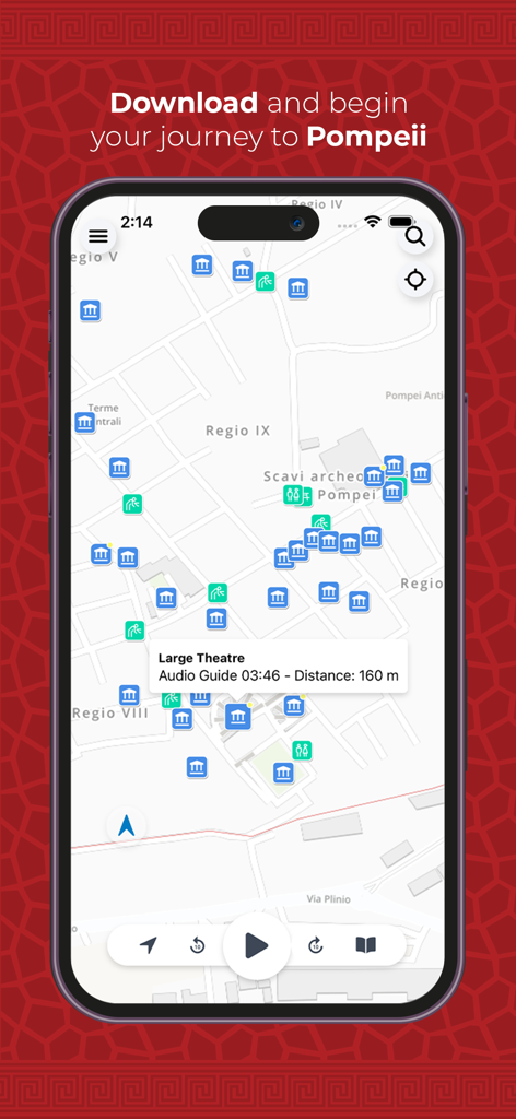 Pantalla de la aplicación móvil que muestra un mapa interactivo del sitio arqueológico de Pompeya con ubicaciones de audioguía y puntos de interés