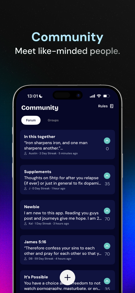 QUITTR: Quit Porn Now - QUITTR App Community-Forum-Bildschirm mit Nutzerbeiträgen und Threads zur Genesungsunterstützung.