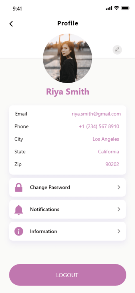 Labelle Braids - Labelle Braidsアプリのユーザープロフィール画面で、連絡先情報とアカウント設定が表示されている様子