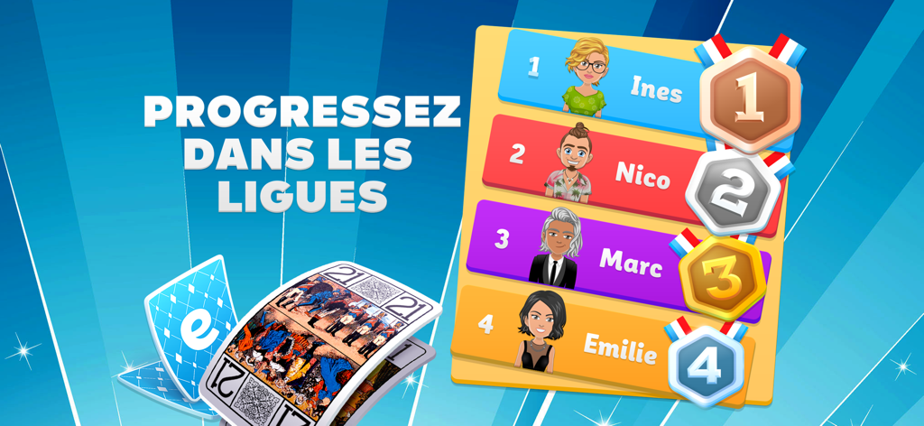 Un classement montrant les rangs des joueurs et les médailles pour la progression en ligue dans le jeu Exoty Tarot.