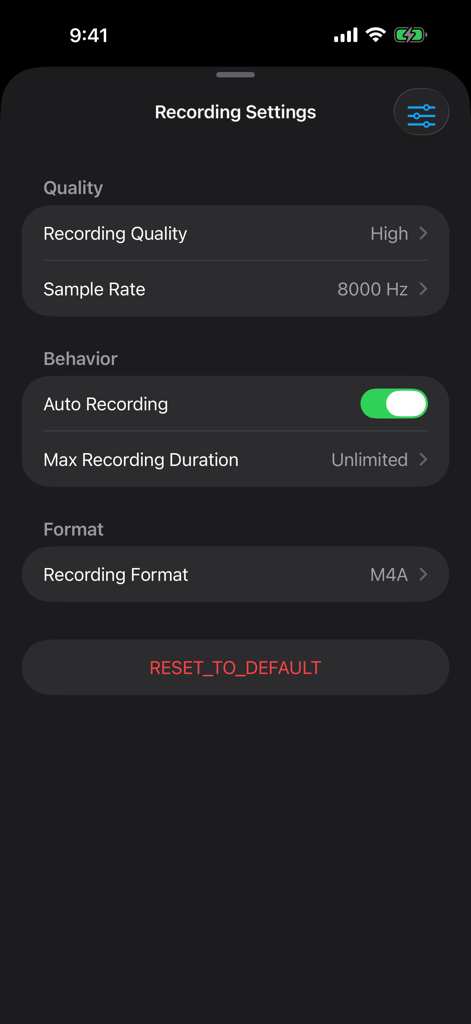 Recording settings screen in the Mic to Speaker app showing quality behavior and format options.