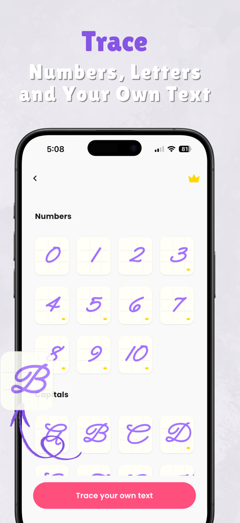 Handwriting Practice: Inkflow - Pantalla de la aplicación Inkflow que muestra categorías para trazar números y letras mayúsculas cursivas