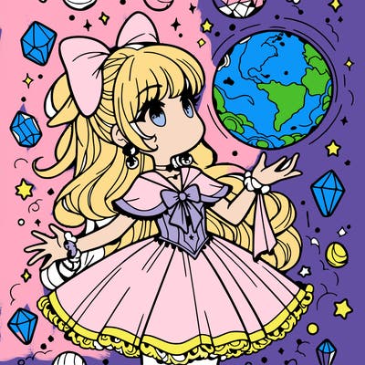 magical girl with floating orb in hand  crystals everywhere.