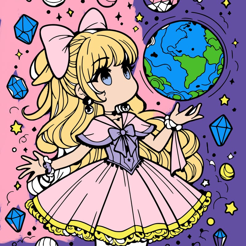 magical girl with floating orb in hand  crystals everywhere.