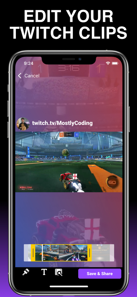 StreamKit - Edit Clips & Stats - Oberfläche der StreamKit-App zur Bearbeitung von Twitch-Gaming-Clips in vertikale Videos für soziale Medien