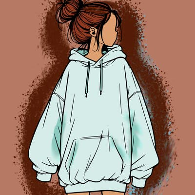 realistic girl with a oversized sweatshirt on and a bun