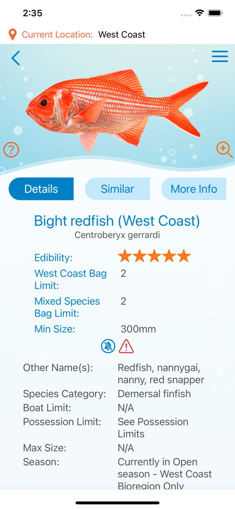 recfishwest - Fish identification screen showing rules and edibility for Bight redfish