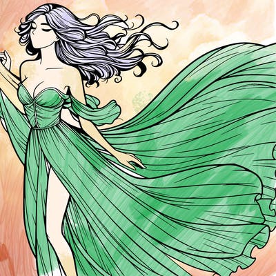 realistic woman in dress flowing the the wind