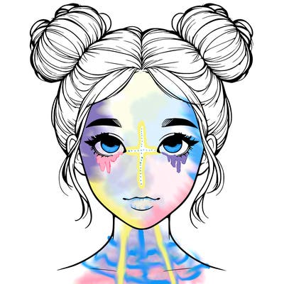 realistic girl with two buns on top of her head