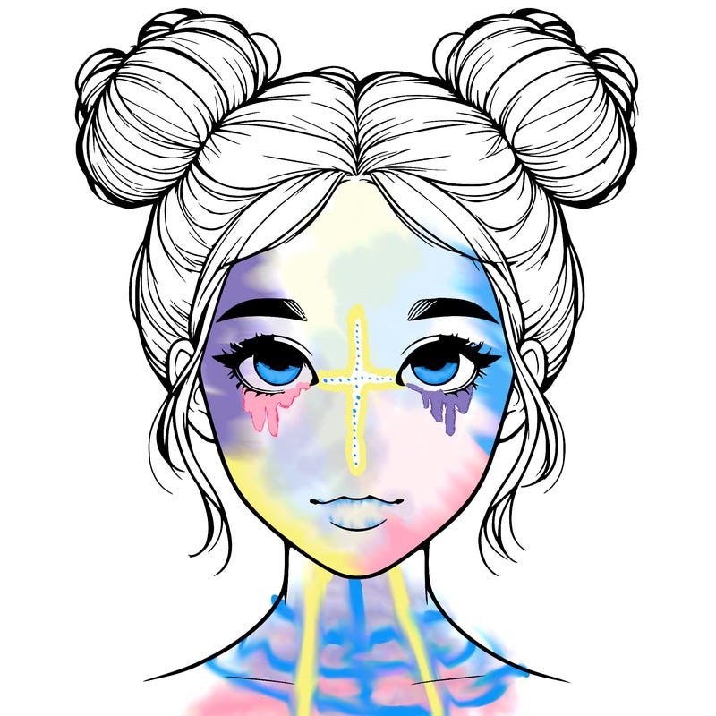 realistic girl with two buns on top of her head