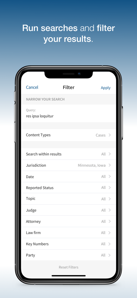 Interfaz de filtro de búsqueda en la aplicación Westlaw que muestra opciones para refinar la investigación legal por jurisdicción y tipo de contenido