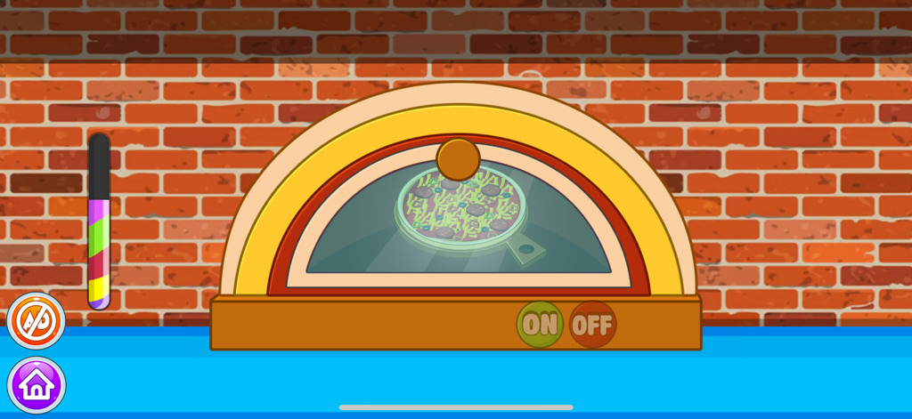 Pizza and Unicorn Cake Maker - Una pizza de dibujos animados cocinándose dentro de un horno amarillo y naranja con un fondo de pared de ladrillos.