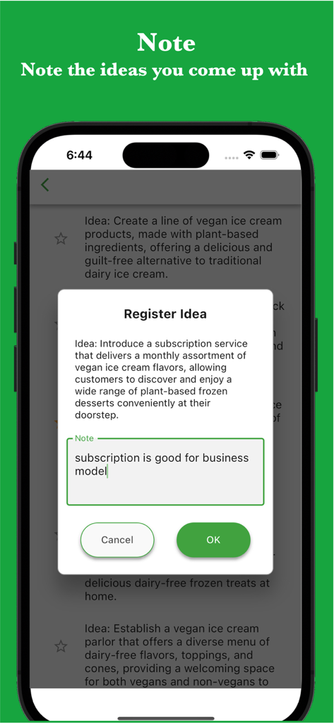 Idea AI - Blend keywords - A screenshot of the Idea AI app showing a pop up window to register a note for a generated business idea about a vegan ice cream subscription service