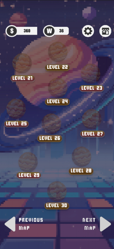 Word Blast: Word Puzzle Games - Pantalla de selección de nivel del juego Word Blast con temática espacial pixelada que muestra los niveles veintiuno a treinta