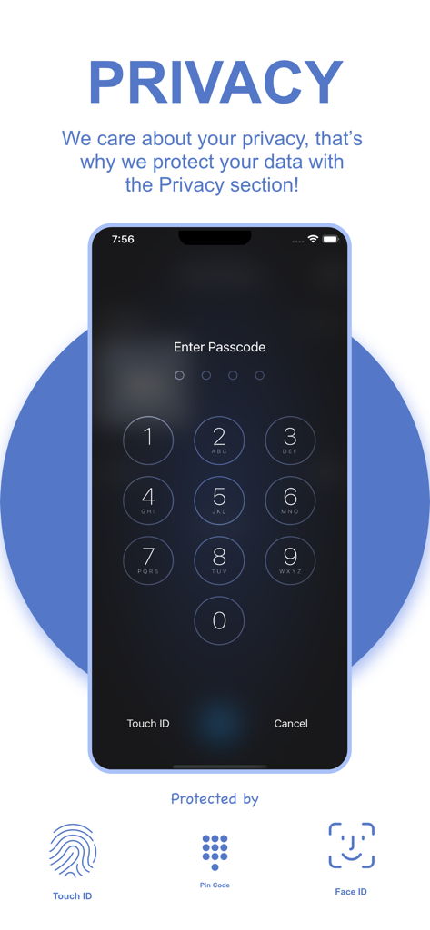 iOS app interface showing privacy settings with passcode, Touch ID, and Face ID protection.
