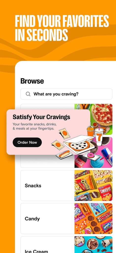 7NOW: Food & Drinks Delivery - Durchsuchen Sie das Menü der 7NOW-App mit den Kategorien Snacks und Süßigkeiten zur Lieferung