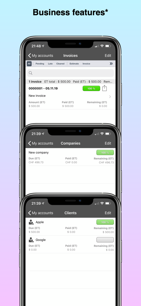 PocketMoney app business features showing invoices companies and client lists