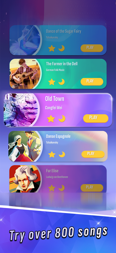 A menu in Piano Tiles 2 showing a selection of over 800 songs including classical pieces like Fur Elise