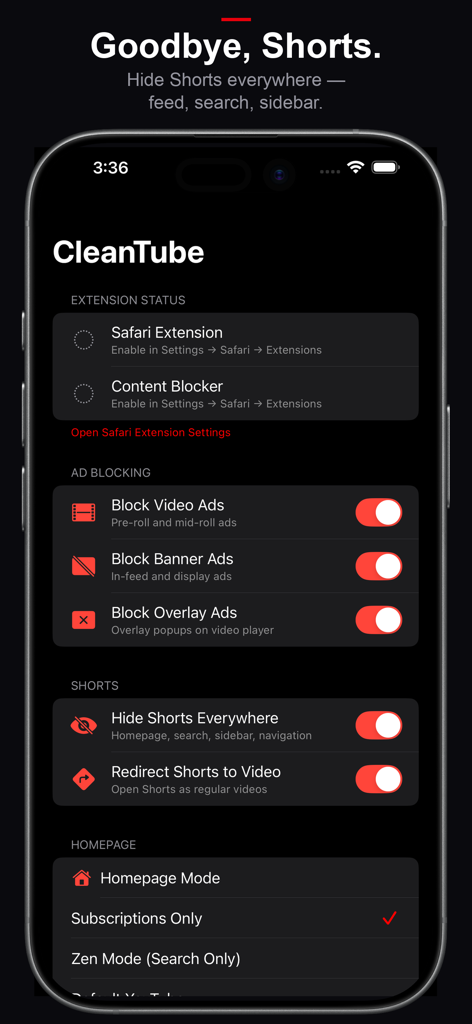 CleanTube: Distraction Blocker - Interfaz de configuración de la aplicación CleanTube que muestra opciones para bloquear anuncios de YouTube y ocultar Shorts